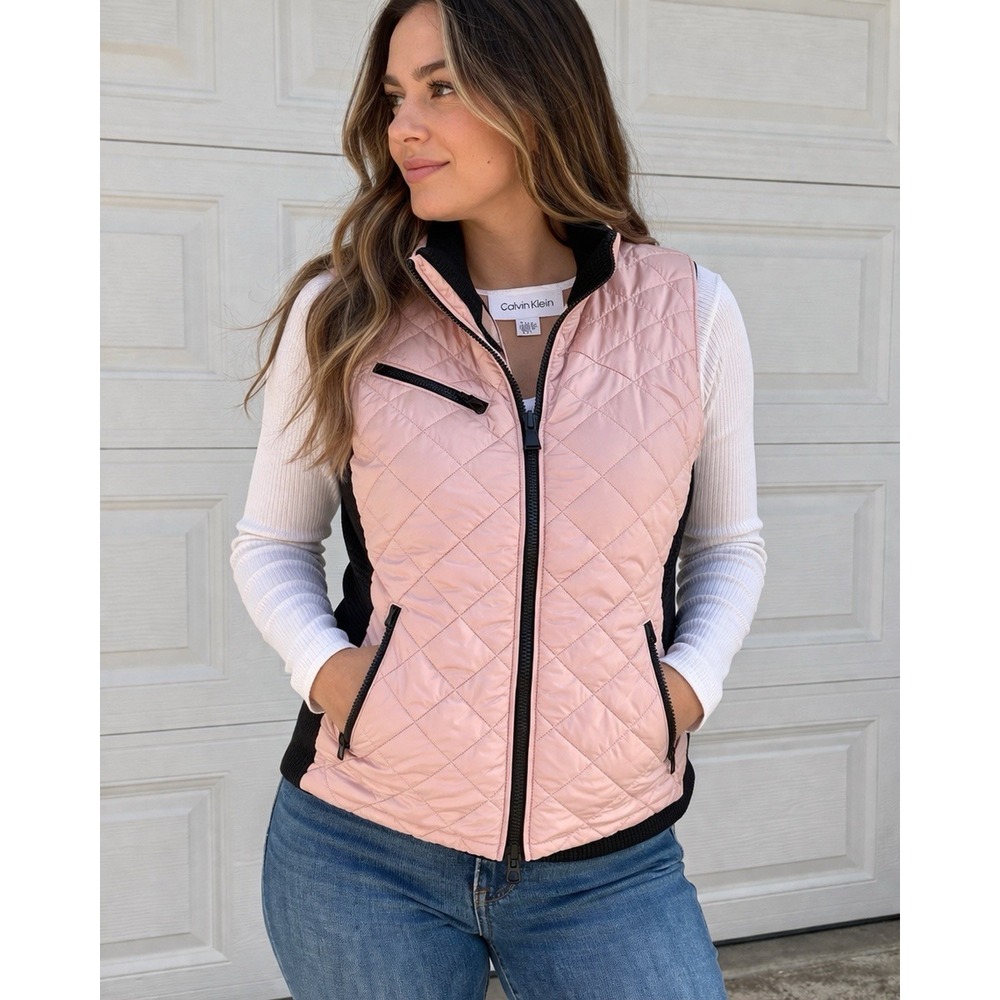 Calvin Klein Quilted Vest Womens Medium Pink Lightweight Puffer Zip‎